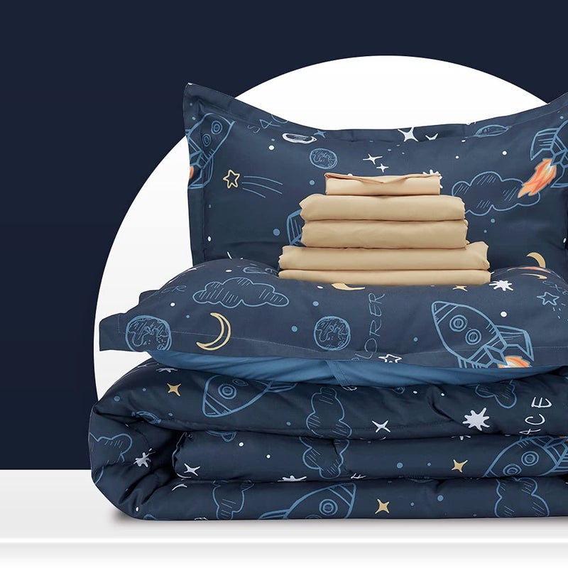 SLEEP ZONE Kids Twin Bedding Comforter Set - Super Cute & Soft Kids Bedding Bed in a Bag Pieces Set with Comforter, Sheet, Pillowcase & Sham (Space Rocket) - Image 1
